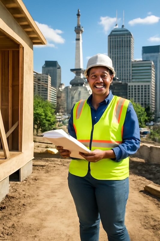 Female construction professional wearing hard hat and safety vest holding blueprints at Indiana construction site