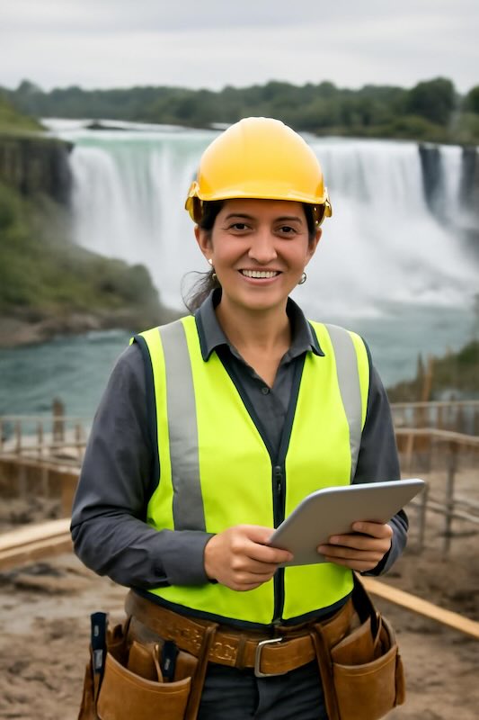 ​Hispanic construction professional wearing hard hat and safety vest holding blueprints at ​New York construction site