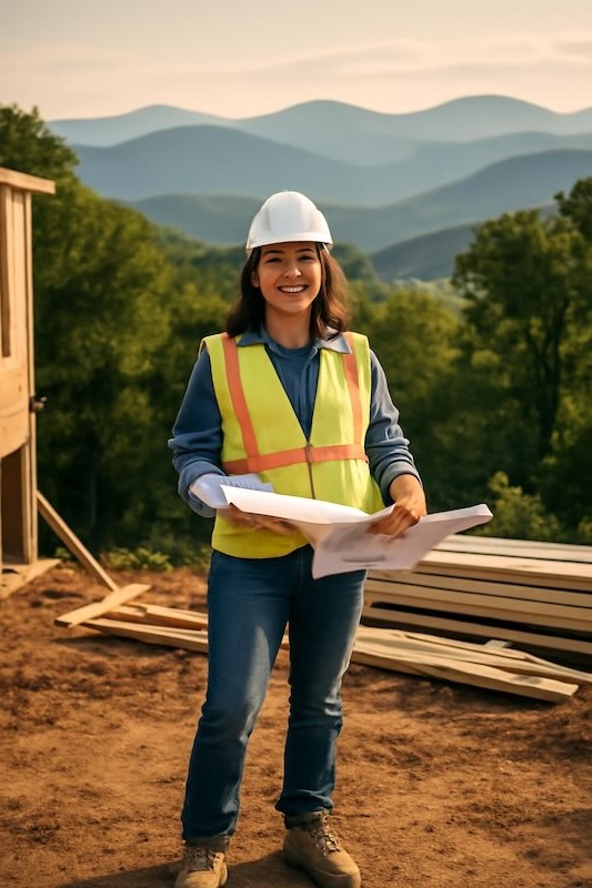 ​Hispanic construction professional wearing hard hat and safety vest holding blueprints at ​North Carolina construction site